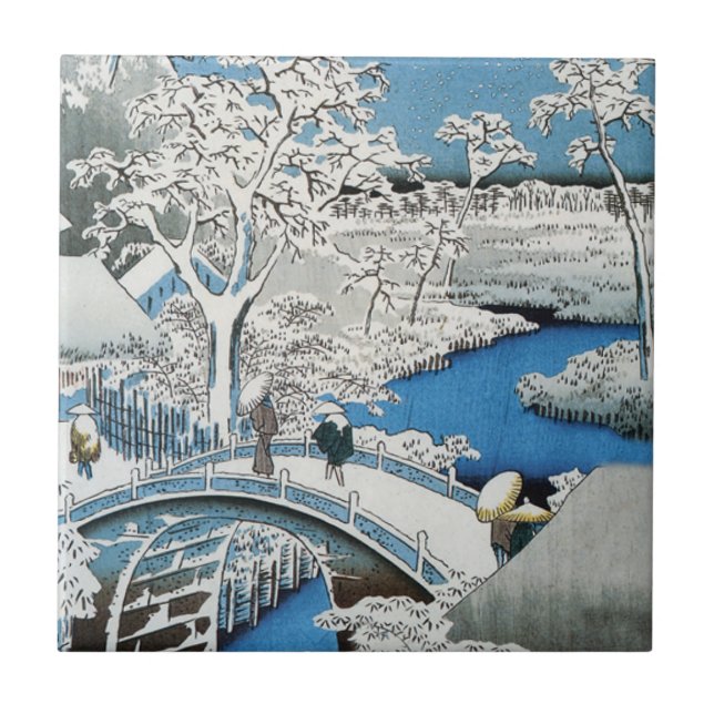 Pretty Vintage Asian Winter Scene Snow Bridge Tile (Front)