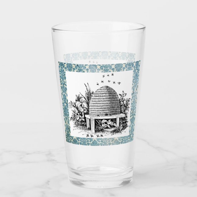 Pretty Vintage Bee Hive and Damask   Glass (Front)