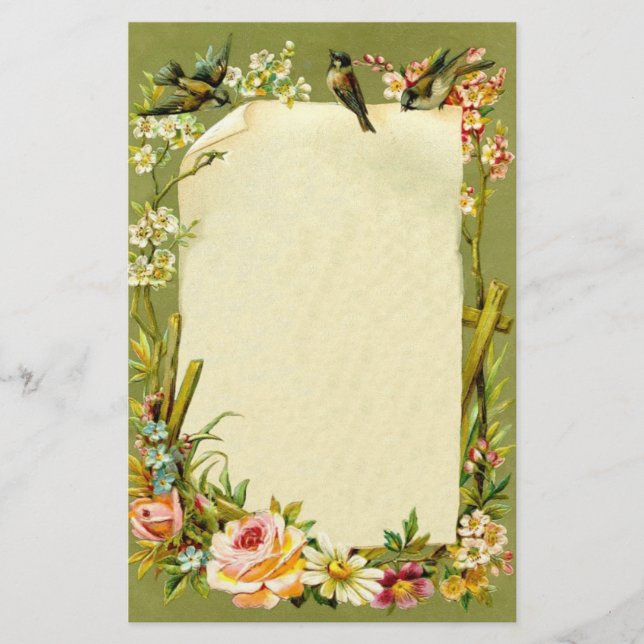 Pretty Vintage Birds & Flowers Border Decoration Stationery (Front)