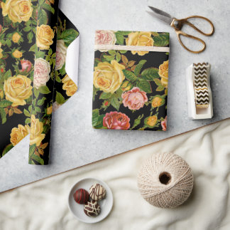 Pretty Vintage Black Floral Pink and Green Wrapping Paper