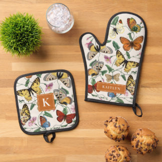 Pretty Vintage Butterflies Monogram Name Oven Mitt & Pot Holder Set