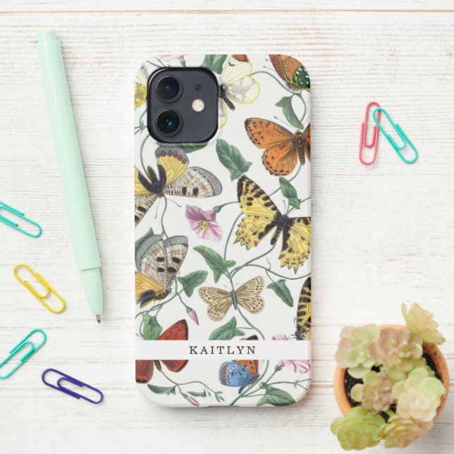 Pretty Vintage Butterflies | Name  iPhone Case (On Desk)