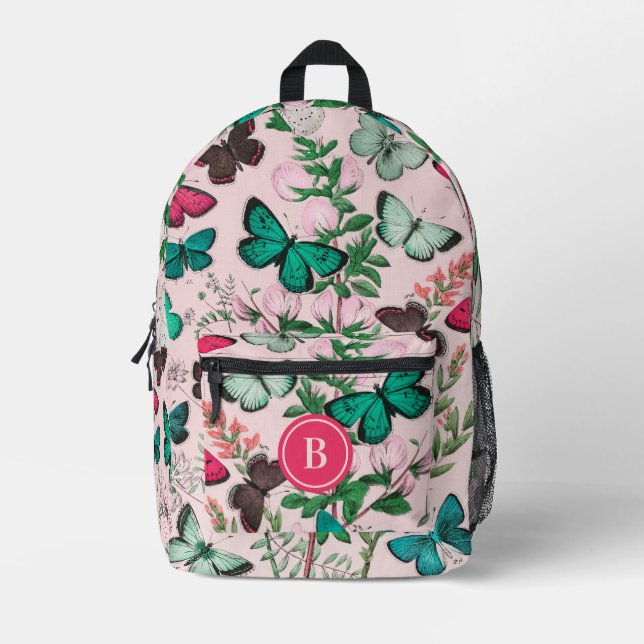 Pretty Vintage Butterflies Pink Monogram Printed Backpack (Front)