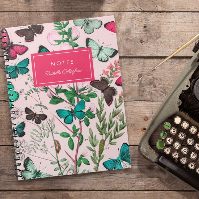 Pretty Vintage Butterflies Pink Teal Name Notebook (Creator Uploaded)