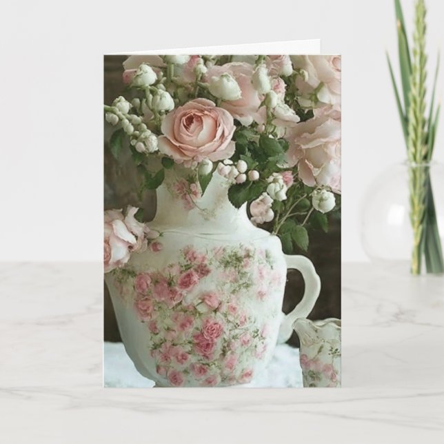Pretty Vintage Chinese Teapot and Roses | Birthday Card (Front)