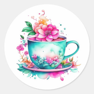Pretty Vintage Coffee Cup with Pink Flowers Classic Round Sticker