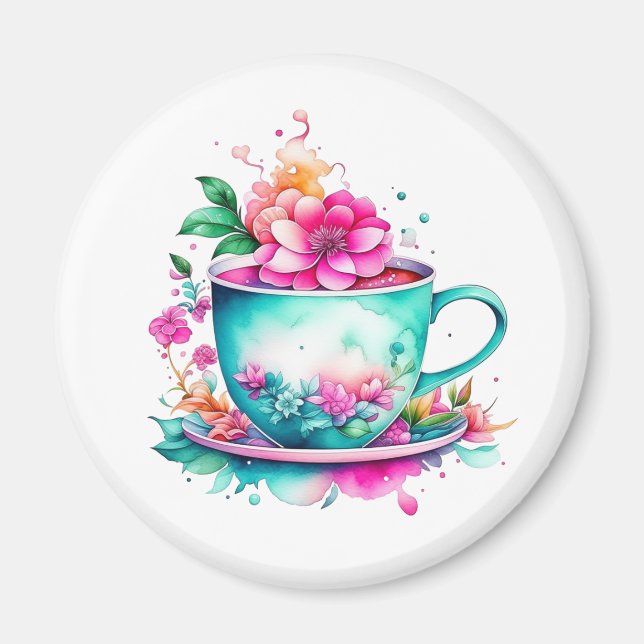 Pretty Vintage Coffee Cup with Pink Flowers Magnet (Front)