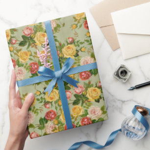 Pretty Vintage Country Floral Girly Rose Pattern Wrapping Paper