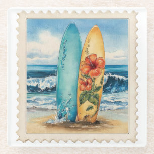 PRETTY VINTAGE DISTRESSED SUMMER SURFBOARDS GLASS COASTER