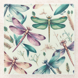 PRETTY VINTAGE DRAGONFLIES IN BLUE GREEN YELLOW GLASS COASTER