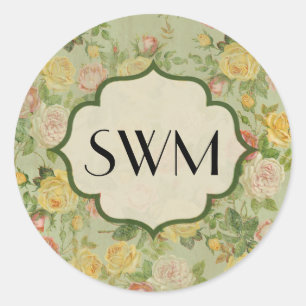 Pretty Vintage Floral Monogrammed Flower Pattern Classic Round Sticker