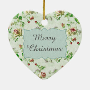 Pretty Vintage Floral Pattern Pink Roses Christmas Ceramic Tree Decoration