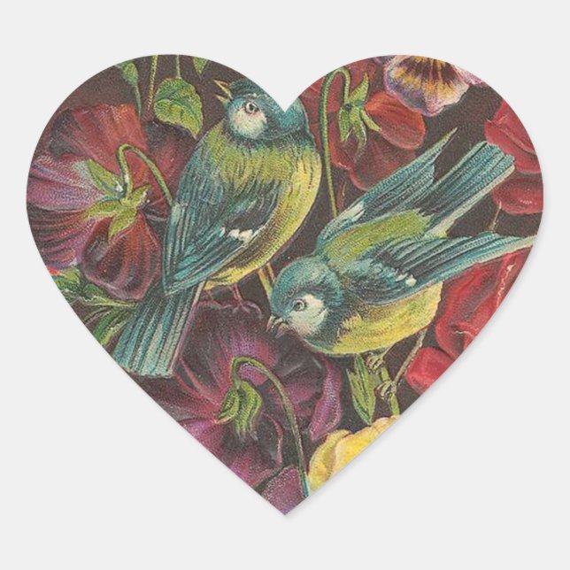 Pretty Vintage Flowers and Birds Heart Stickers (Front)
