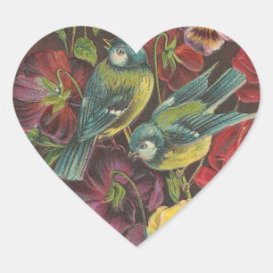 Pretty Vintage Flowers and Birds Heart Stickers
