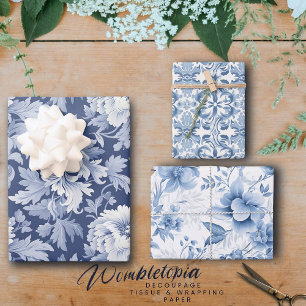 Pretty Vintage French Florals In Blue and White Wrapping Paper Sheet