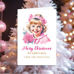 Pretty Vintage Girl | Pink Christmas Personalised  Holiday Card<br><div class="desc">Pretty pink and white personalised Christmas card with a vintage little girl smiling with ribbons and flowers Victorian old-fashioned style Christmas.</div>