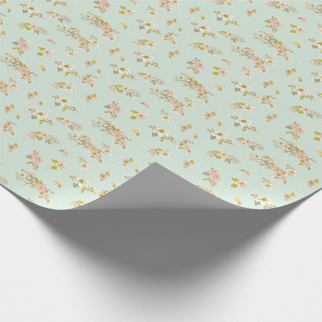 Pretty Vintage Green Floral Pink Wrapping Paper (Corner)