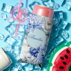 Pretty Vintage Inspired Blue Shabby Chic Floral Seltzer Can Cooler