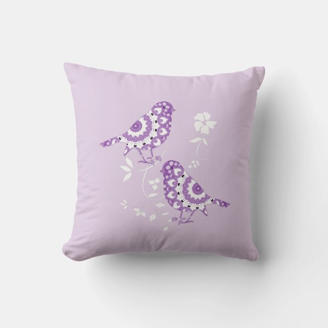 Pretty Vintage Inspired Purple Patterned Birds Cushion (Front)