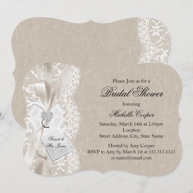 Pretty Vintage Lace & Burlap Bridal Shower Invitation (Front/Back)