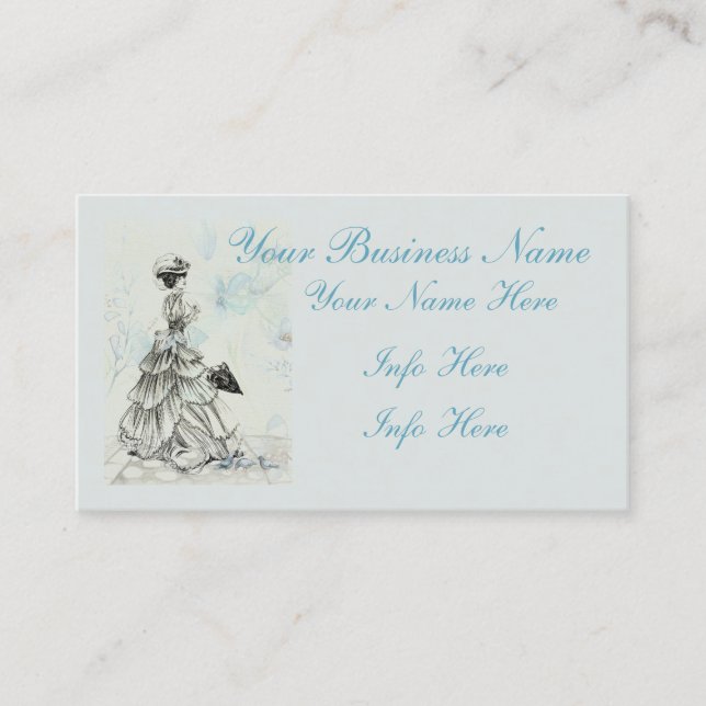 Pretty Vintage Lady And Blue Flowers Business Card (Front)
