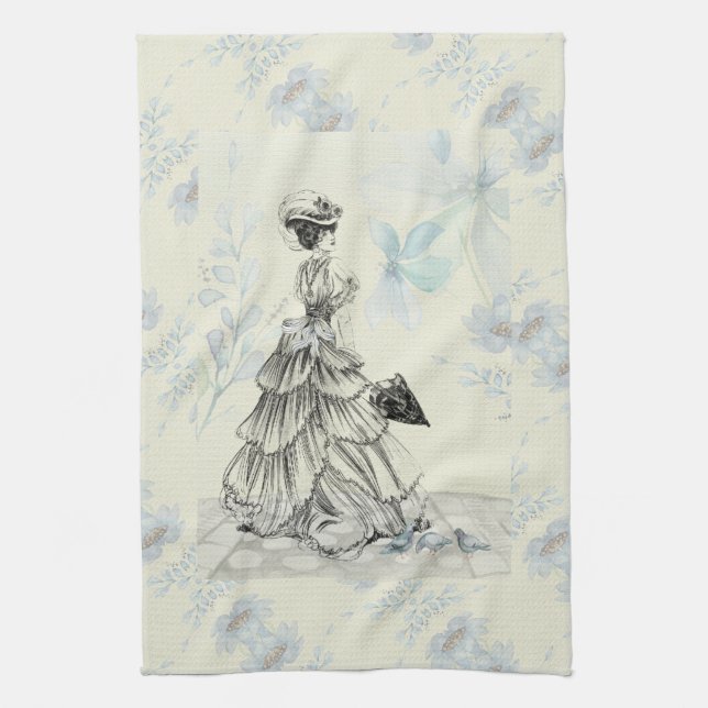 Pretty Vintage Lady And Blue Flowers Tea Towel (Vertical)