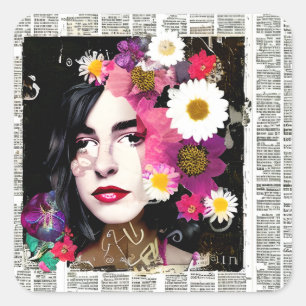 Pretty Vintage Lady Paper Collage Newspaper Square Sticker