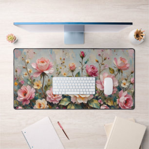 Pretty Vintage Pink and Cream Garden Roses Floral  Desk Mat