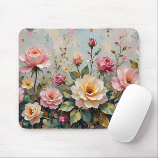 Pretty Vintage Pink and Cream Garden Roses Floral  Mouse Mat