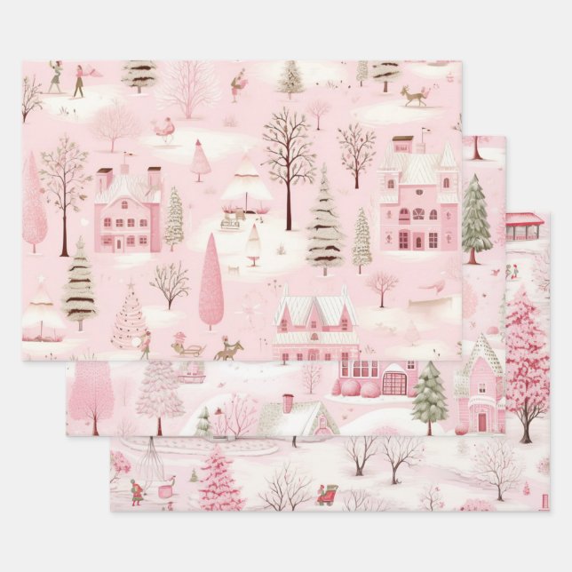 Pretty Vintage Pink Christmas  Wrapping Paper Sheet (Set)