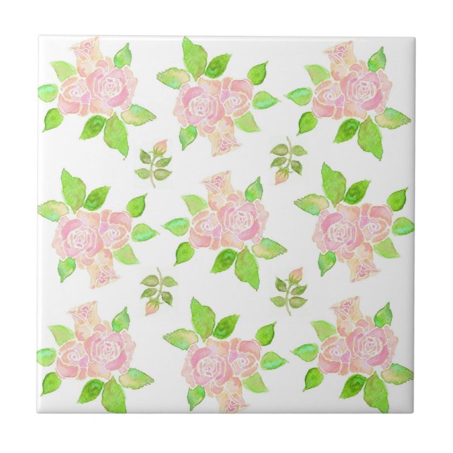 Pretty Vintage Pink Roses and Rosebuds Pattern Tile (Front)