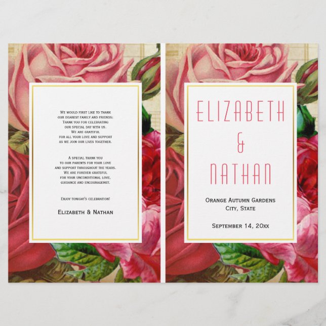Pretty vintage pink roses folded wedding program (Front)
