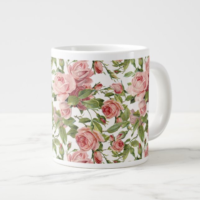 Pretty Vintage Pink Roses Large Coffee Mug (Front Right)
