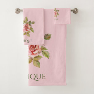 Pretty Vintage Pink Roses Personalised  Bath Towel Set