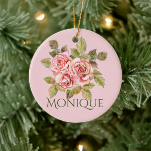 Pretty Vintage Pink Roses Personalised   Ceramic Tree Decoration
