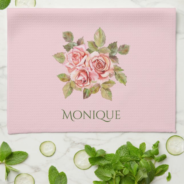Pretty Vintage Pink Roses Personalised  Tea Towel (Folded)