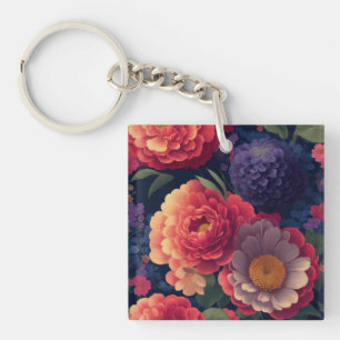 Pretty vintage red Orange purple mum peony floral Key Ring