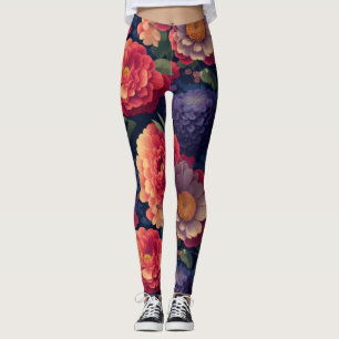 Pretty vintage red Orange purple mum peony floral Leggings