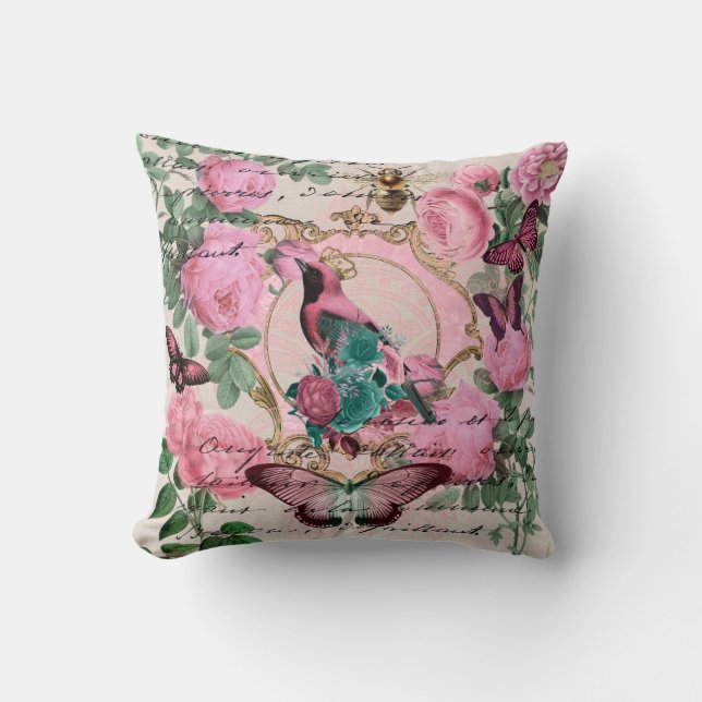 Pretty vintage rose butterfly and bird  cushion (Front)