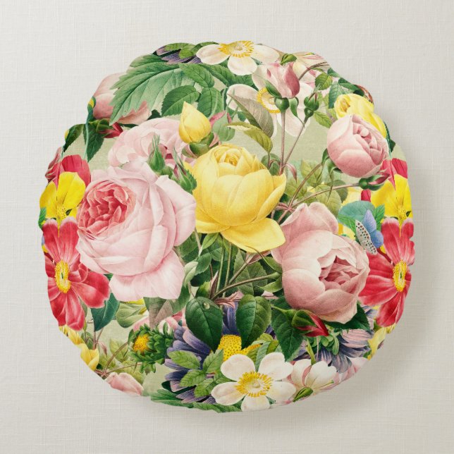 Pretty Vintage Rose Floral Medley Round Cushion (Front)