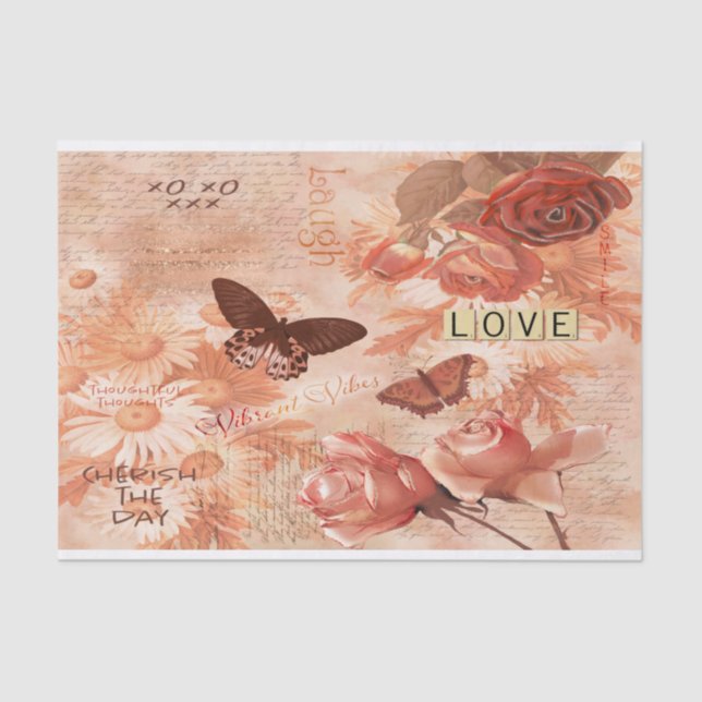 Pretty Vintage Rose Pink Butterfly Decoupage Tissue Paper (Front)