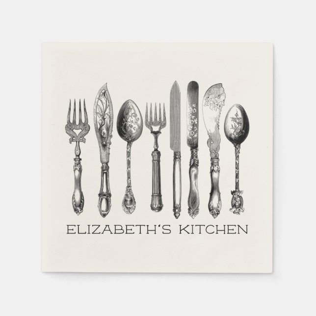 Pretty Vintage Silverware, Name and Text Napkin (Front)