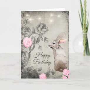 Pretty Vintage Style Roses and Rabbit Birthday Card