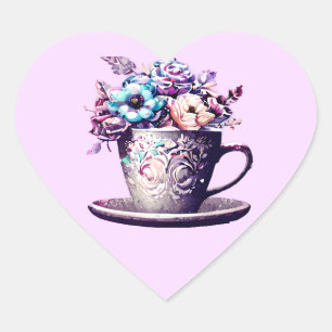 Pretty Vintage Teacup with Flowers  Heart Sticker