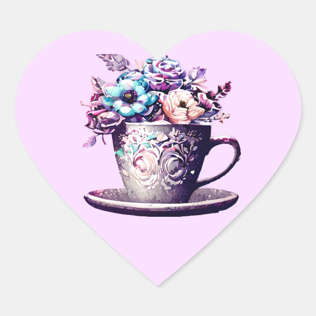 Pretty Vintage Teacup with Flowers  Heart Sticker (Front)