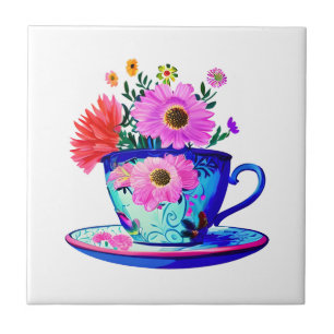 Pretty Vintage Teacup with Pink Flowers Tile