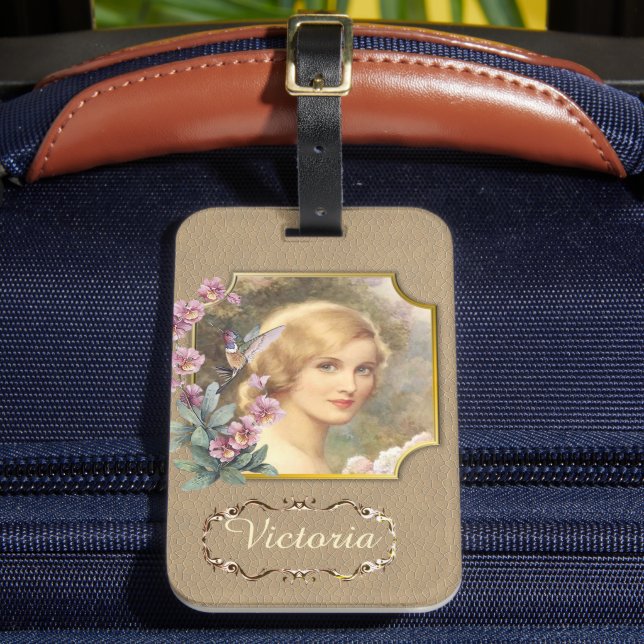 Pretty Vintage Woman Portrait Personalised Luggage Tag (Front Insitu 2)