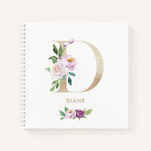 Pretty Violet Floral Gold Foil Letter D Monogram Notebook