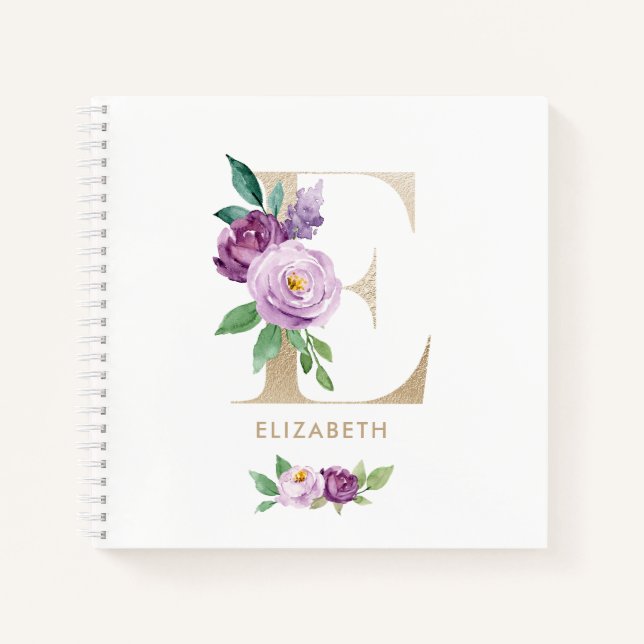 Pretty Violet Floral Gold Foil Letter E Monogram Notebook (Front)
