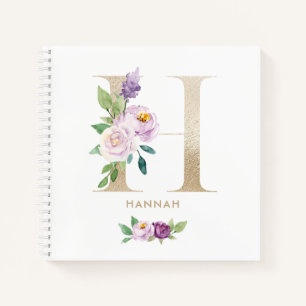 Pretty Violet Floral Gold Foil Letter H Monogram Notebook